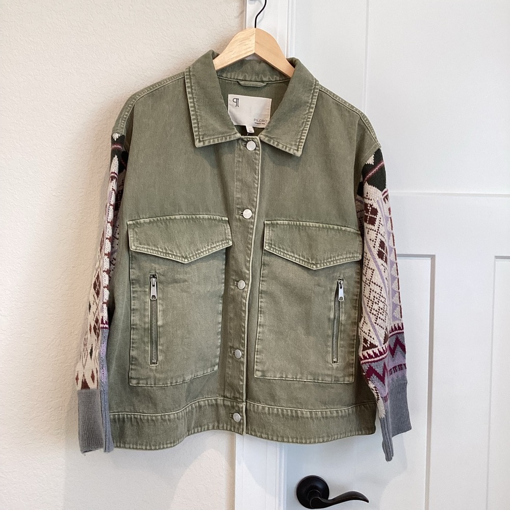 Anthropologie Sweater Sleeve Utility Jacket Pilcro Denim New Large Army Green - Picture 4 of 15